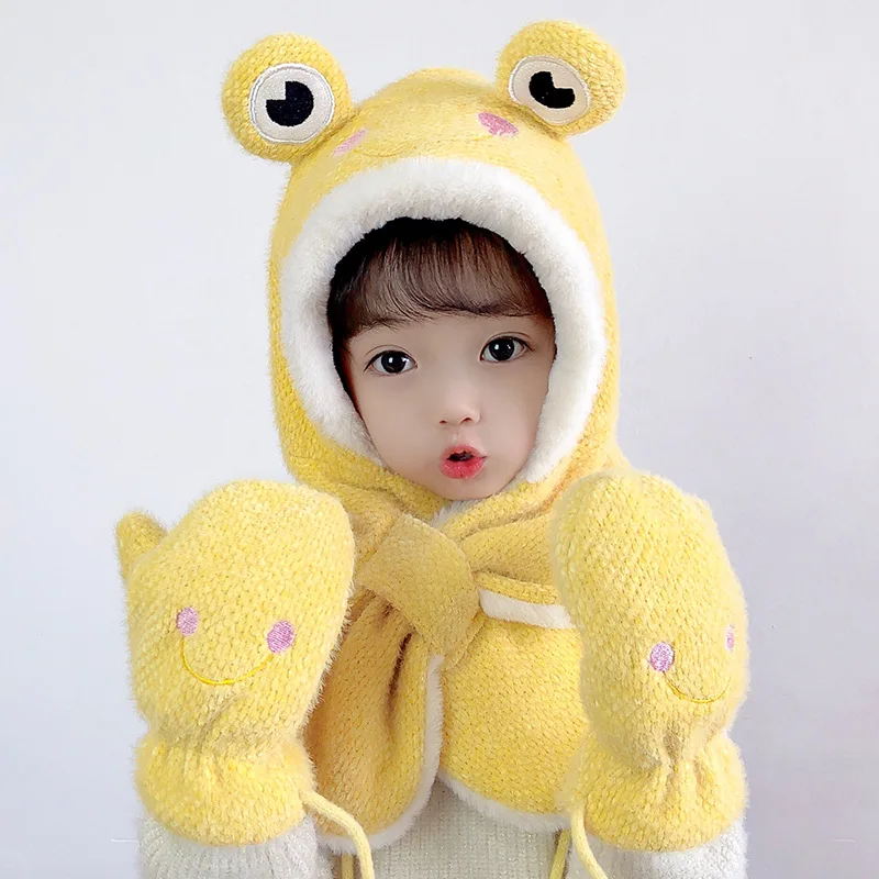 Winter Hat Scarf Gloves 2 Pieces For Children Boys Girls Gorra Winter Warm Fluffy Caps Lovely Frog Hats Scarves Gorros Invierno