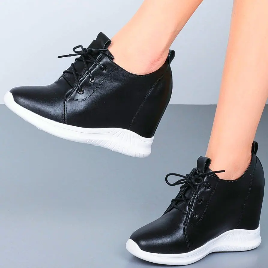 

Increasing Heigh Ankle Boots Women's Cow Leather Fashion Sneakers Wedge High Heels Lace Up Rount Toe Shoes 34 35 36 37 38 39 40