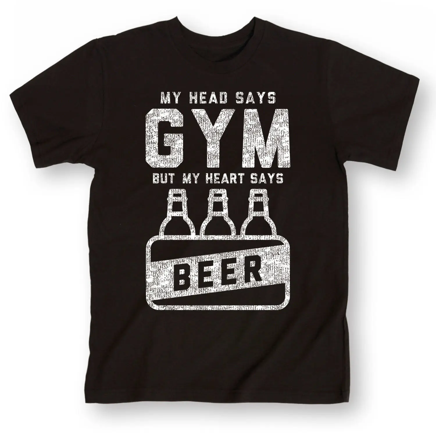 

My Head Says Gym But My Heart Says Beer. Funny Bodybuilding Drink Beer T-Shirt. Cotton O-Neck Short Sleeve Men's T Shirt New