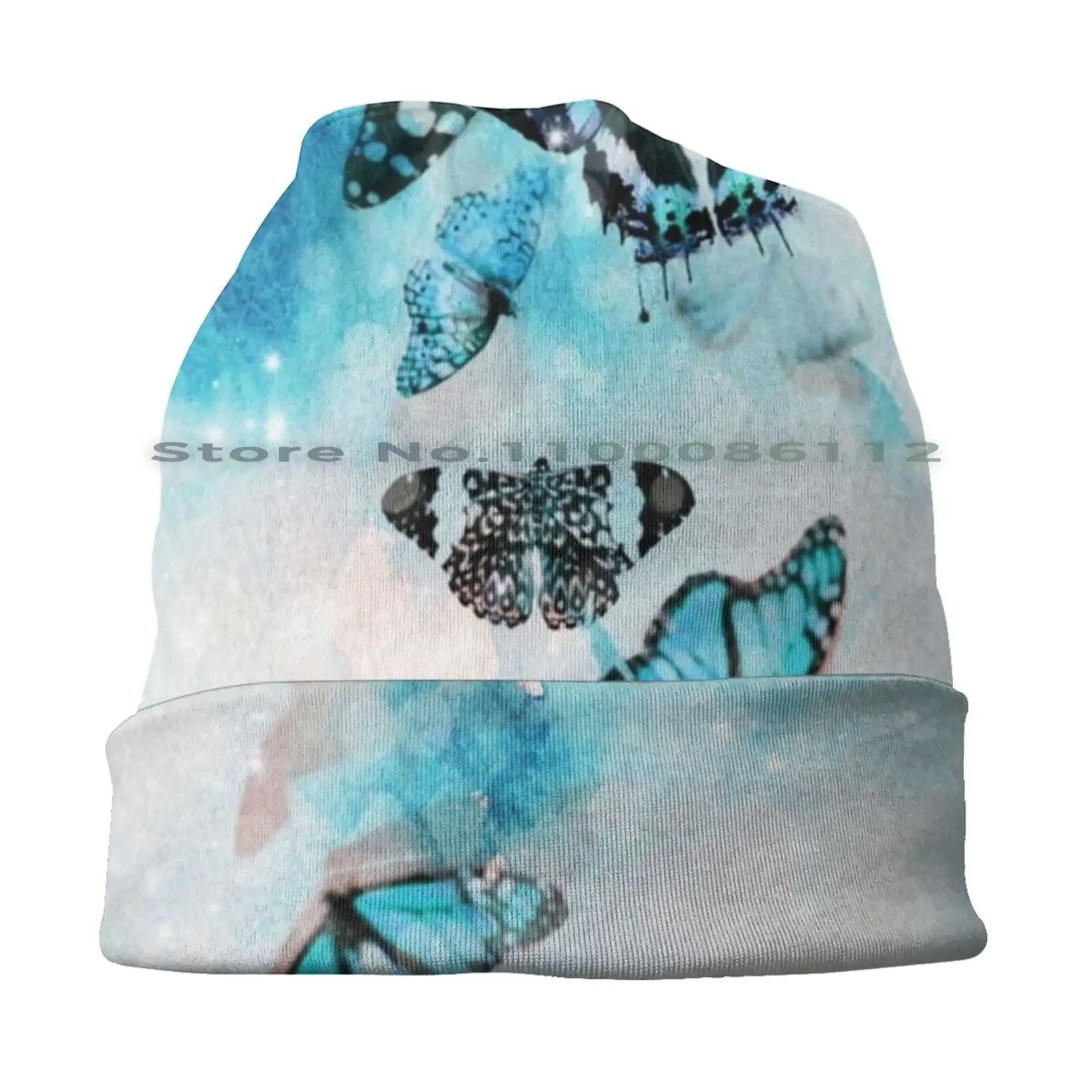 Butterflies' Flight Beanies Knit Hat White Watercolor Sparkly Blue Butterflies Blue And Black Light Blue Light Blue And Black