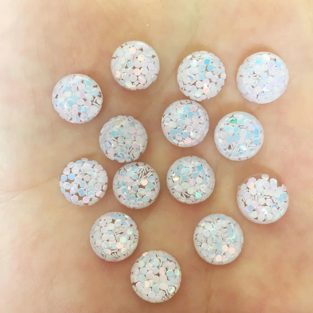 50PCS Resin 10mm Colorful Glitter Round Bead Flatback Rhinestone Scrapbook Crafts Diy Half Beads Jewelry Making Accessories W77