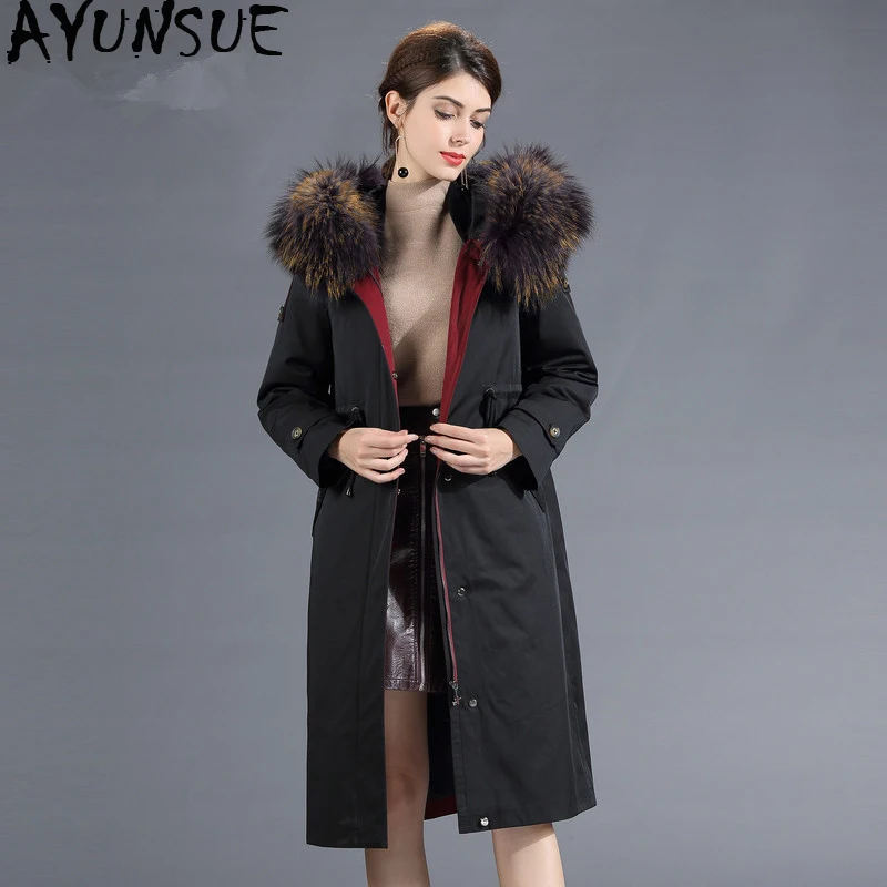 

AYUNSUE Women's Down Jacket Winter Jacket Women Raccoon Dog Fur Collar Korean Jackes Long Coat Female Parka Chaqueta Mujer