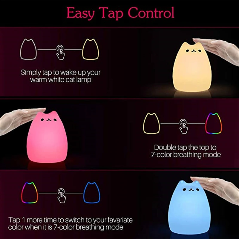 Tokili USB Rechargeable LED Colorful Night Light Kawaii Cat Lamp Silicone Soft Breathing Cartoon Baby Nursery Luz for Children