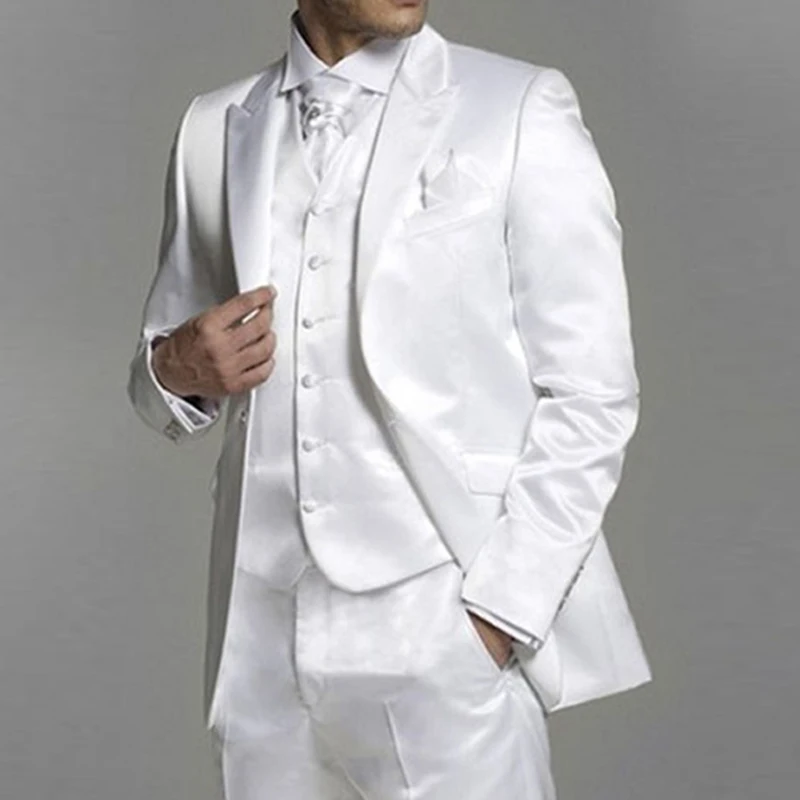 3 piece White Satin Men Suits for Wedding Groom Tuxedos Peaked Lapel Custom Formal Man Suit Set Jacket Vest with Pants 2023