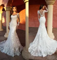 Sexy Neue Meerjungfrau Hochzeit Kleider Elegante Lange Hülse Appliqued Spitze mit Tüll Braut Kleider Illusion Robe De Mariee