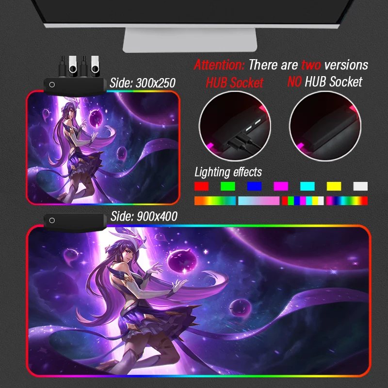 Imagem -04 - Escritório Liga de Lendas Brilhante Lol Yasuo Mousepad com Hub Kda Akali Usb Porto Mouse Pad Rgb Personalizado Kawaii Jogo Tapete para Computador