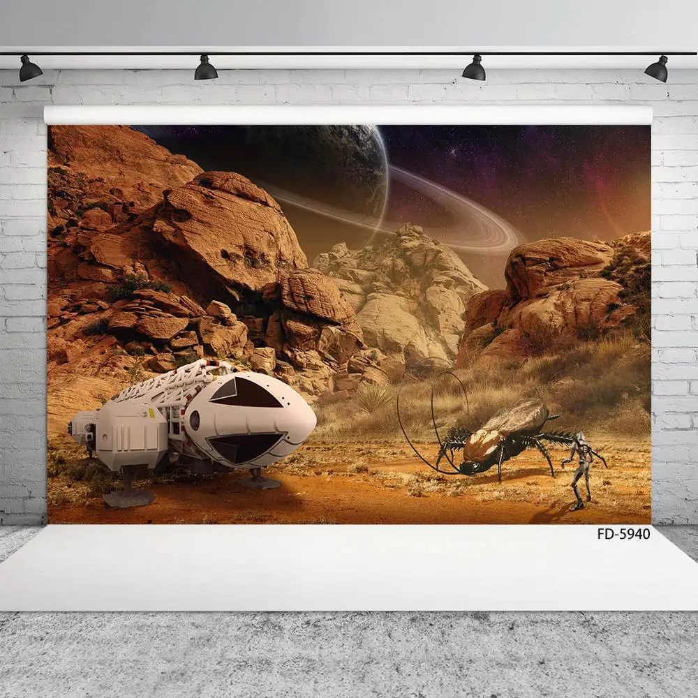 Planet Stones Spaceship Monster Photo Backdrop Vinyl Background for Children Birthday Baby Portrait Photobooth Photography Props