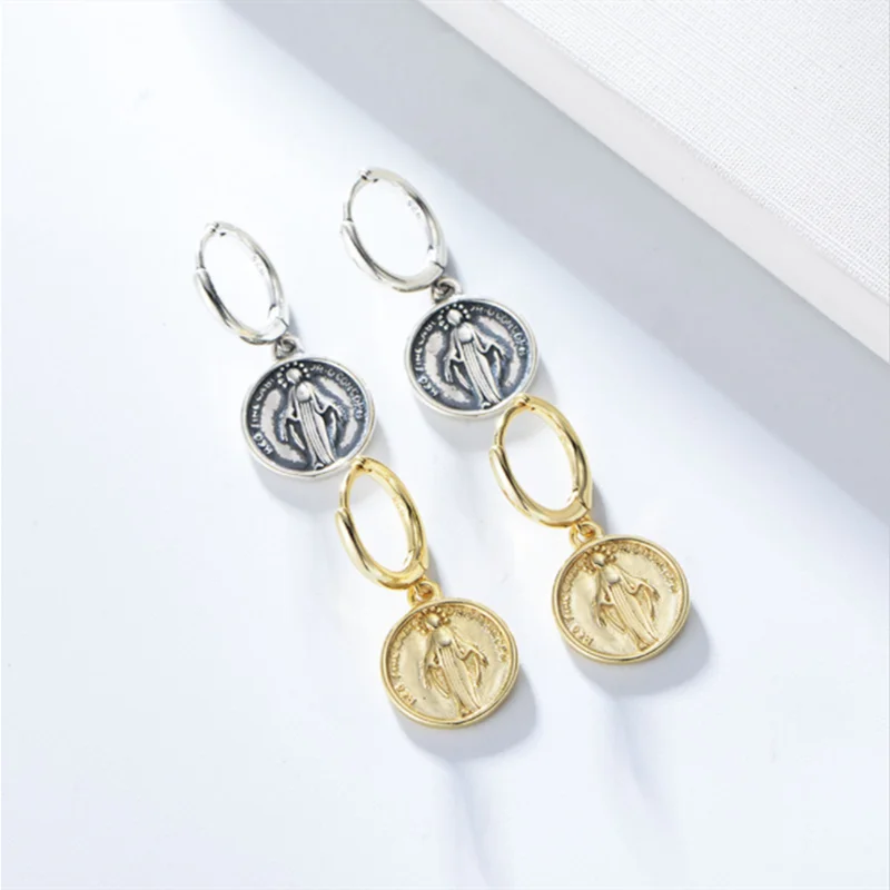 YIZIZAI Women 925 Sterling Silver Virgin Mary Oval Coin Medal Charm Christian Prayer Jesus Earrings Golden Huggie Circle Hoops