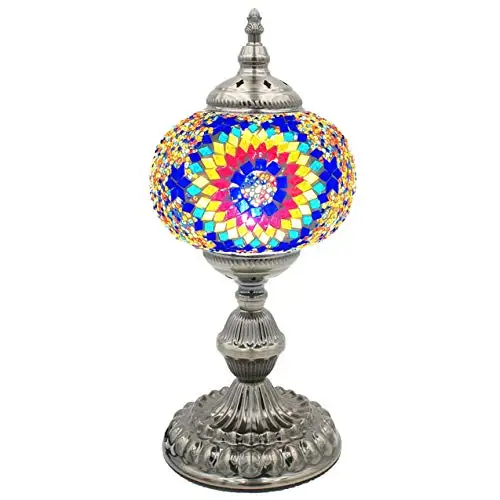 

LaModaHome Mosaic Turkish Lamp Moroccan Glass for Table Desk Bedside Bronze Base Bundle with E12 Light Bulb-2 Sizes (Multicolor