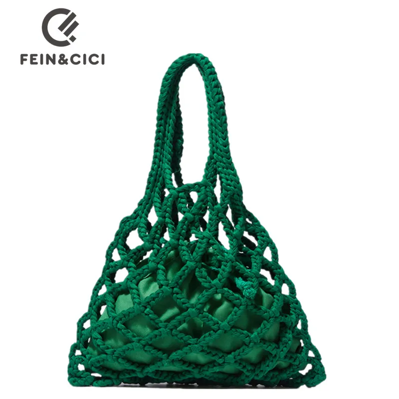 Designer Braided crochet net bag Women Casual summer woven beach bucket tote bag purse green khaki black color 2022 new