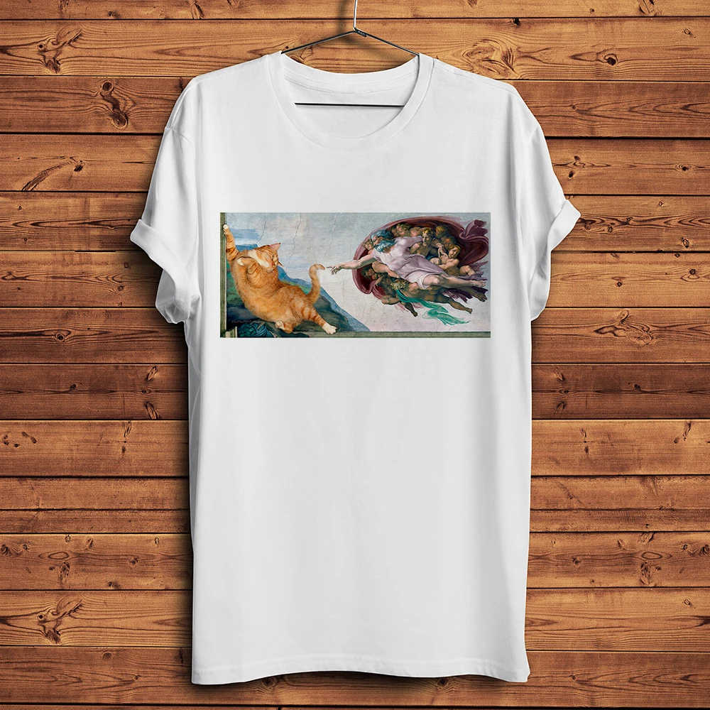 meow van Gogh Sunflowers Starry Night Edvard Munch The Scream funny cat tshirt Men Casual T Shirt Unisex Creation of Adam