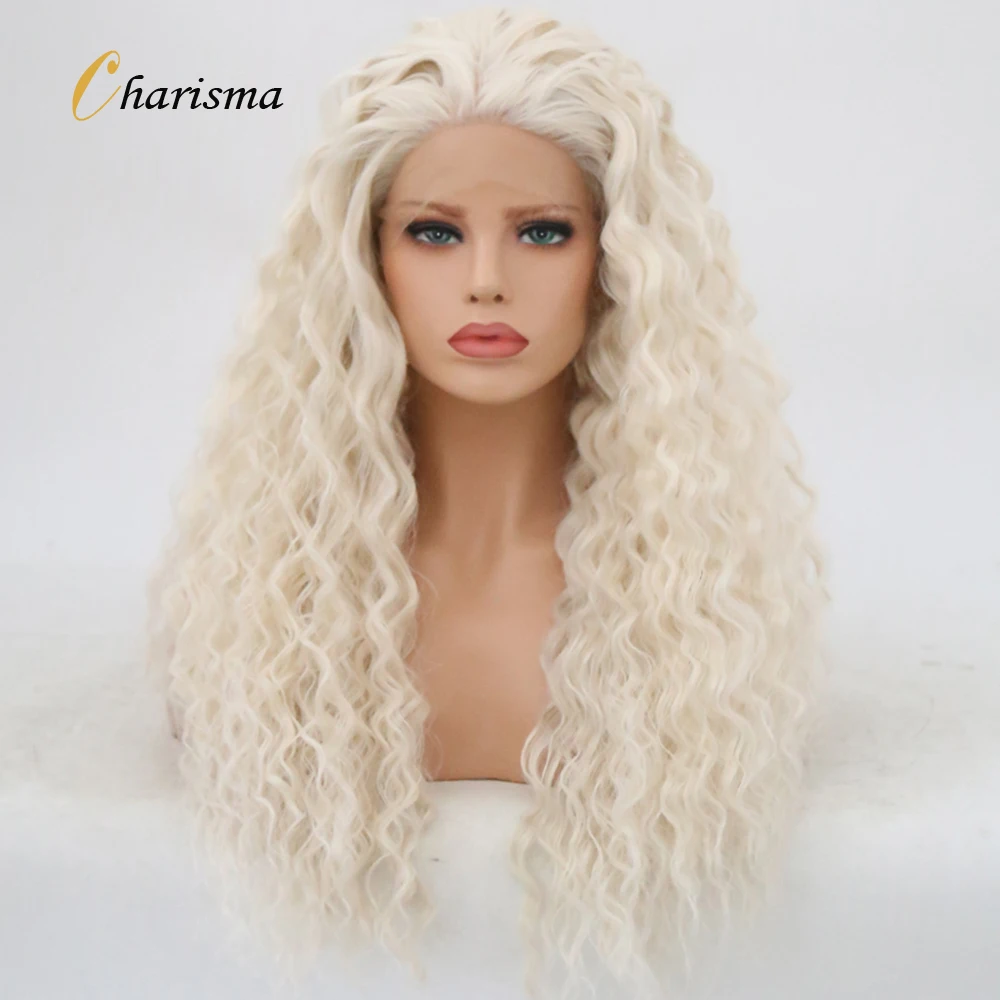 Charisma 60 Blonde Lace Front Wig Synthetic Hair Long Curly Wigs for Women Heat Resistant Fiber Hair Lace Wigs Cosplay Wig