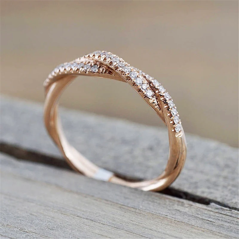 Fashion Rose-Gold-Color Ring Twist Vintage Cubic Zircon Wedding Engagement Ring for Woman Girls Gift