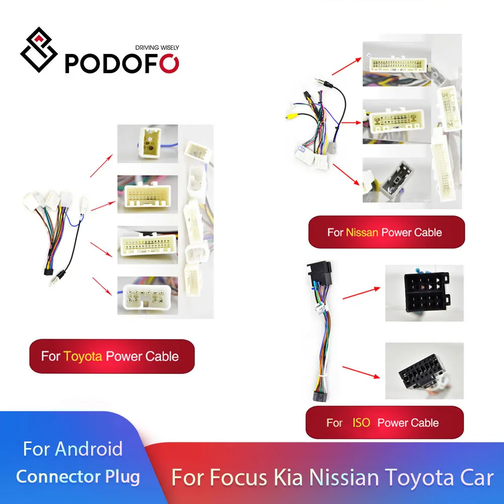 Podofo 2 din Android radio Car Accessories Wire Wiring Harness Adapter Connector Plug Universal Cable for VW Nissian Toyota