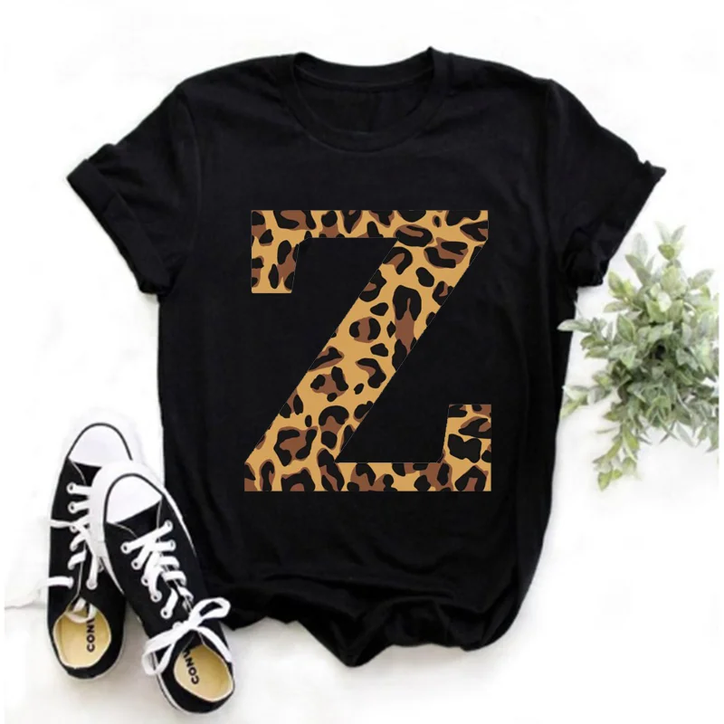 Women's casual letter T shirt A Z monogram combination clothes summer vacation leopard print short-sleeved top 26 pieces