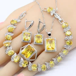 Geometric Yellow Cubic Zircnoia Silver Color Jewelry Sets For Women Bracelet Earrings Necklace Pendant Rings Gift Box