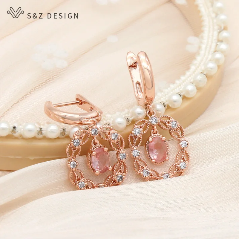 S&Z DESIGN New Fashion Cubic Zirconia Oval Crystal Dangle Earrings For Women Wedding 585 Rose Gold Color Jewelry Gift