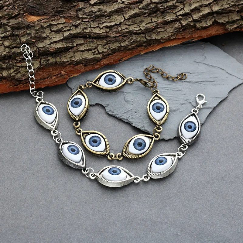 Vintage Punk Evil Eye Bracelet 5 Blue Eyeball Connect Exaggeration Multiple Dense Evil Eyes Bracelet