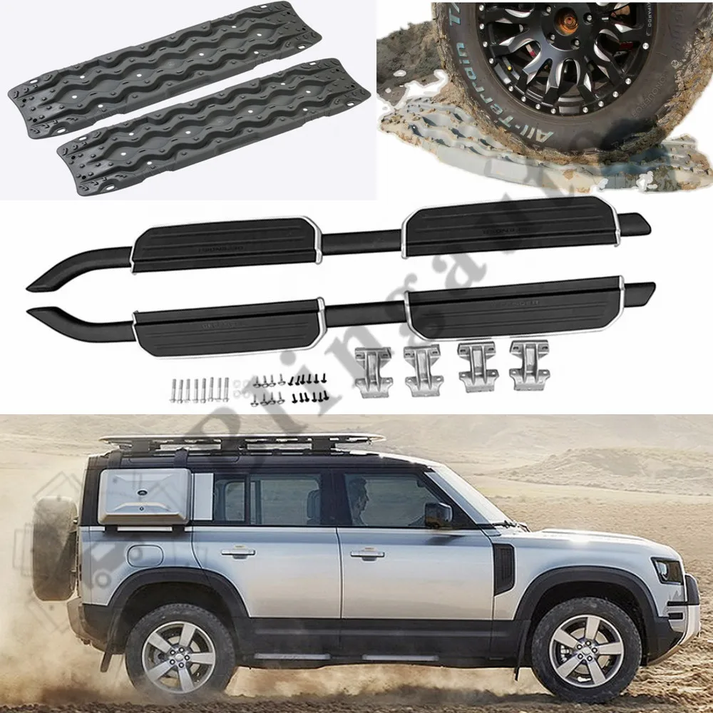 

Running board and recovery track board fits for -Land Rover Defender 2020 2021 side step nerf bar mud tire board total 4pcs