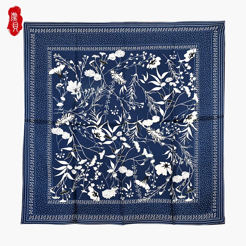 Chinese classic deep blue natrual silk twill scarf women printed flower 100% real silk scarves 65cm square girls wrap lady gift