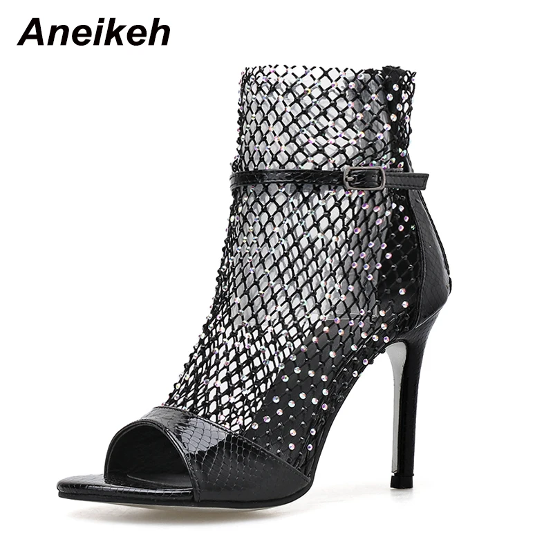 Aneikeh NEW Fashion DIAMANTE FISHNET HEELS Sandals Ankle Boots High Heels Women Autumn Sexy Chelsea Booties Peep Toe Party Pumps