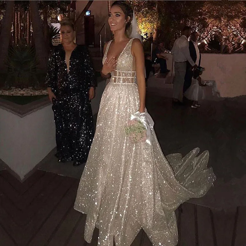 

Smileven A Line Wedding Dresses Sparkly White Sequined Backless Boho Glitter Wedding Bride Gowns Robe De Soiree