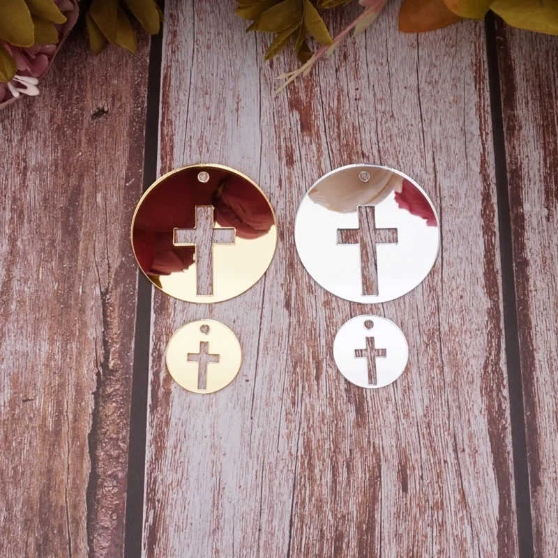 Christening & Baptism Acrylic Mirror Hollow Out Cross Small Round Tags Invitation Cards Party Guest Gifts with Hanging Hole