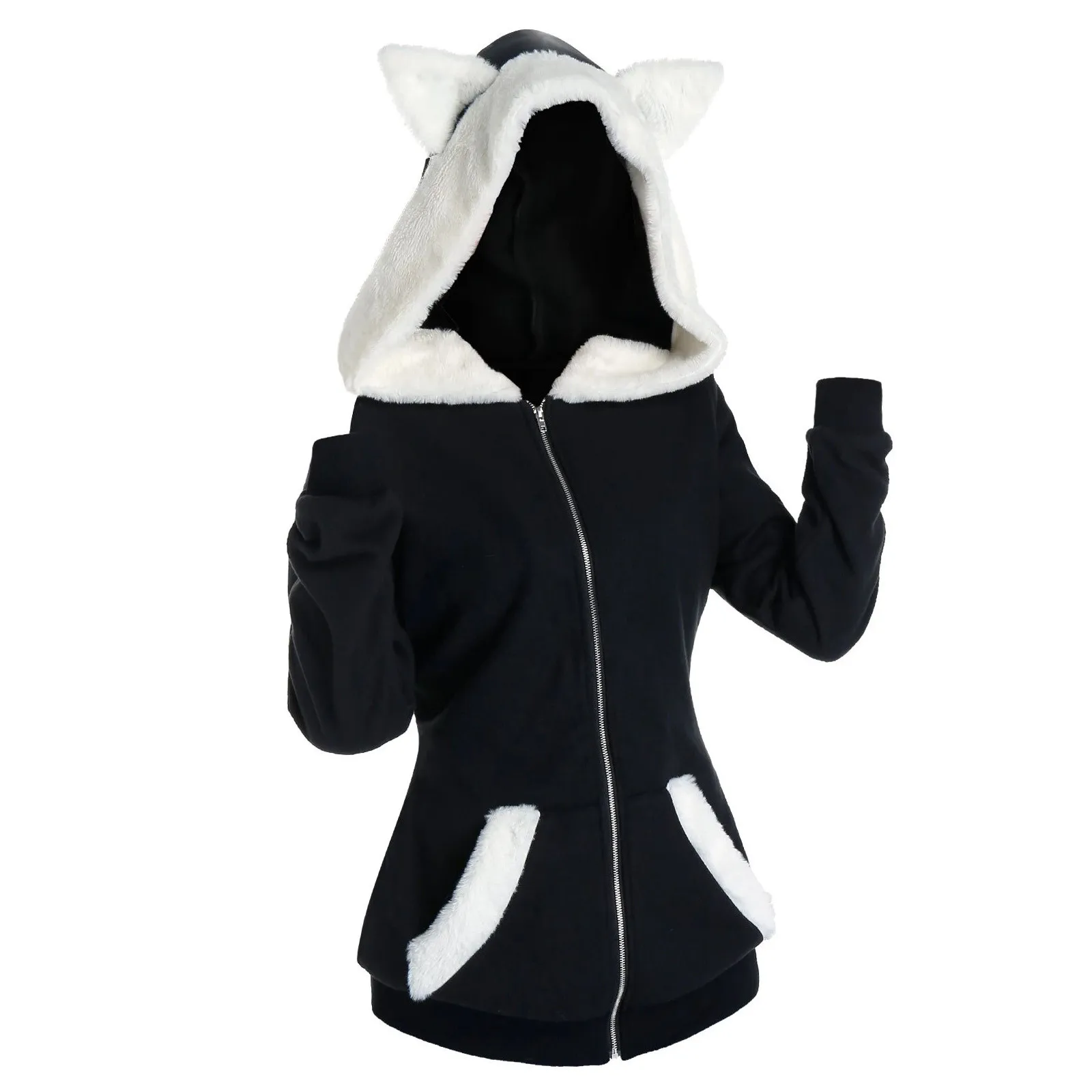 Fashion Women Cat Ears Hooded Sweatshirt Coat Autumn Winter Casual Patchwork Long Sleeve Pocket Zipper Plush Sweatshirts Outwear