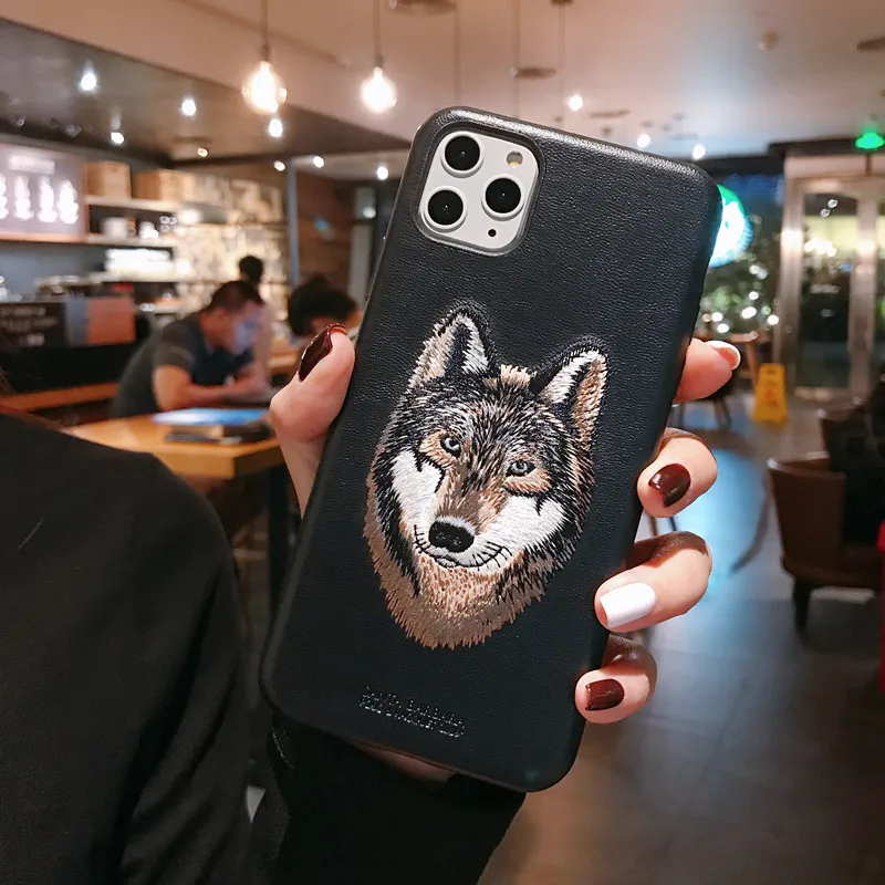 3D Embroidered Cute Cat Wolf Tiger Bear Leather Phone Case For iPhone 14 Pro Max Protective Cover For iPhone 13 Pro Max 13 Pro