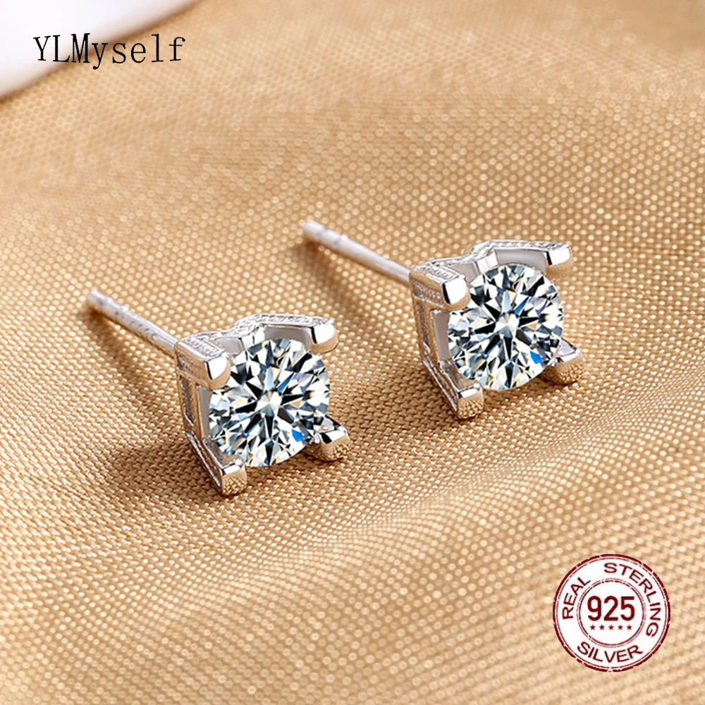 

Pure 925 Silver Stud Earrings With Real 5mm (0.5ct) Moissanite stone Cute M design Fine Jewelry For Women