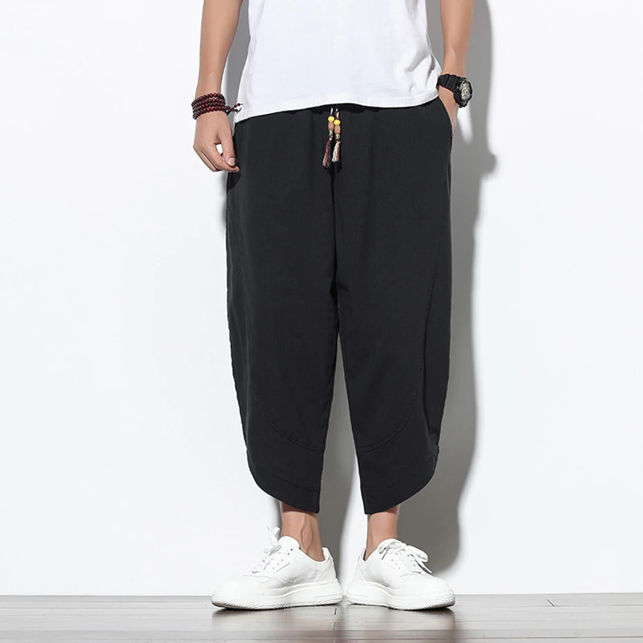 Summer Plus Size Casual Pants Mens Fashion Wide Leg Lantern Trousers Summer Men Trousers Black