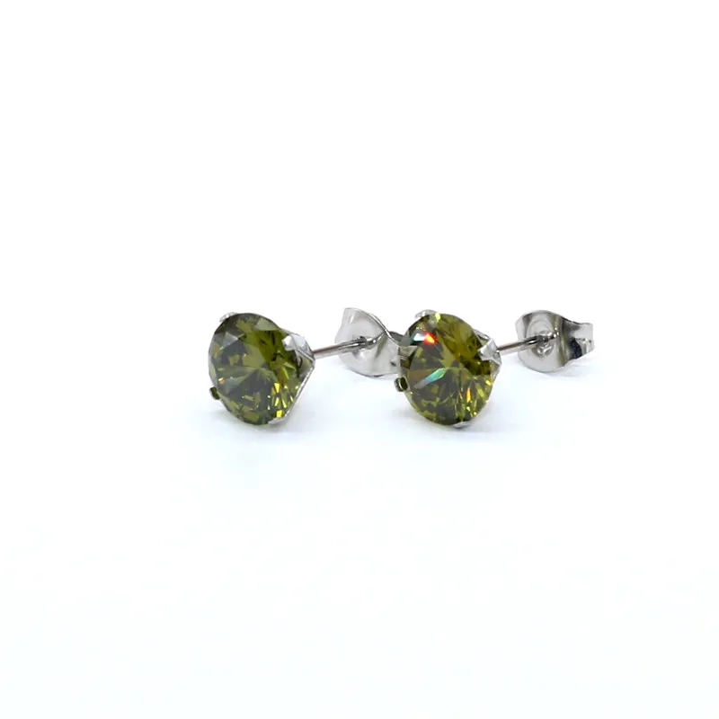 Brief AAA Zircon Stud Earrings Round Olive Green Crystal Jewelry With 316 L Stainless Steel Anti Allergy