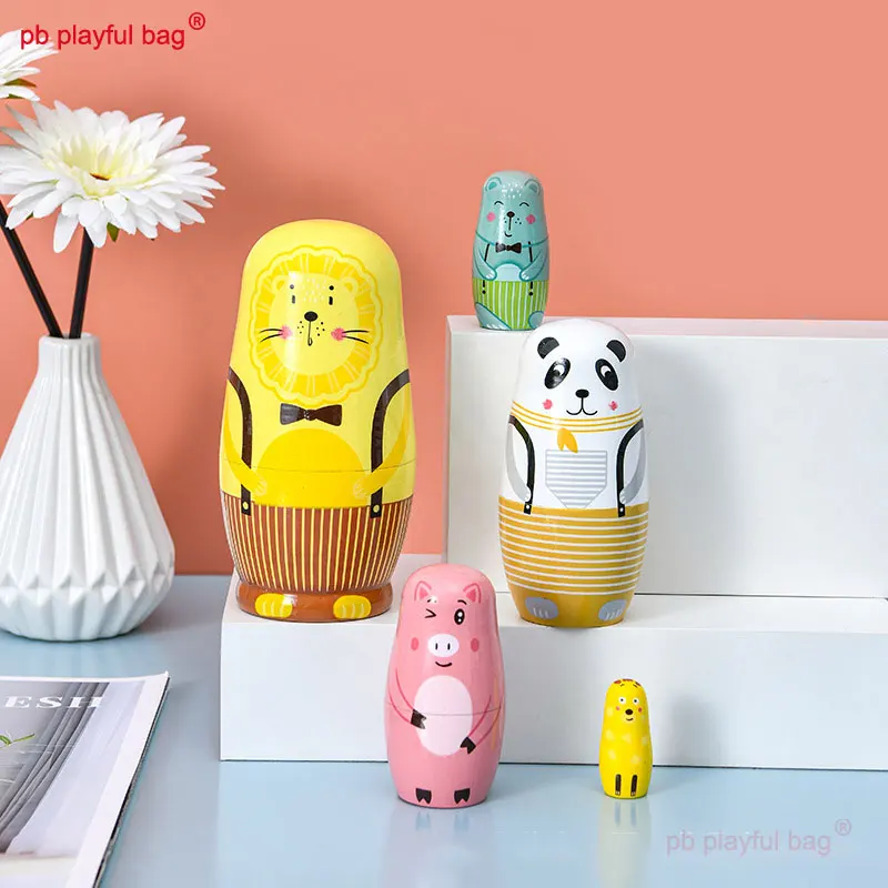 Five Layer Yellow Lion Cartoon AAnimal Russian Dolls Wooden Hand-Painted Craft Gift Kids Creative Toys Russian Nesting Doll HG86