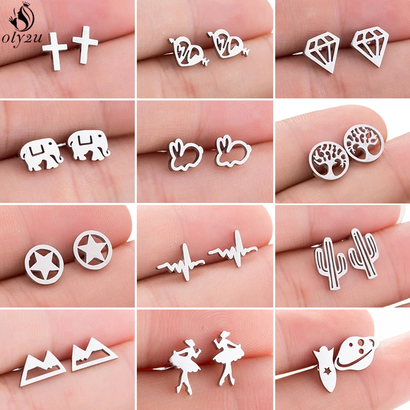 Bohemia Stainless Steel Earrings Women Heart Everyday Jewelry Geometric Cross Rabbit Ballet Star Cactus Earring Studs pendiente