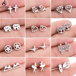 Bohemia Stainless Steel Earrings Women Heart Everyday Jewelry Geometric Cross Rabbit Ballet Star Cactus Earring Studs pendiente