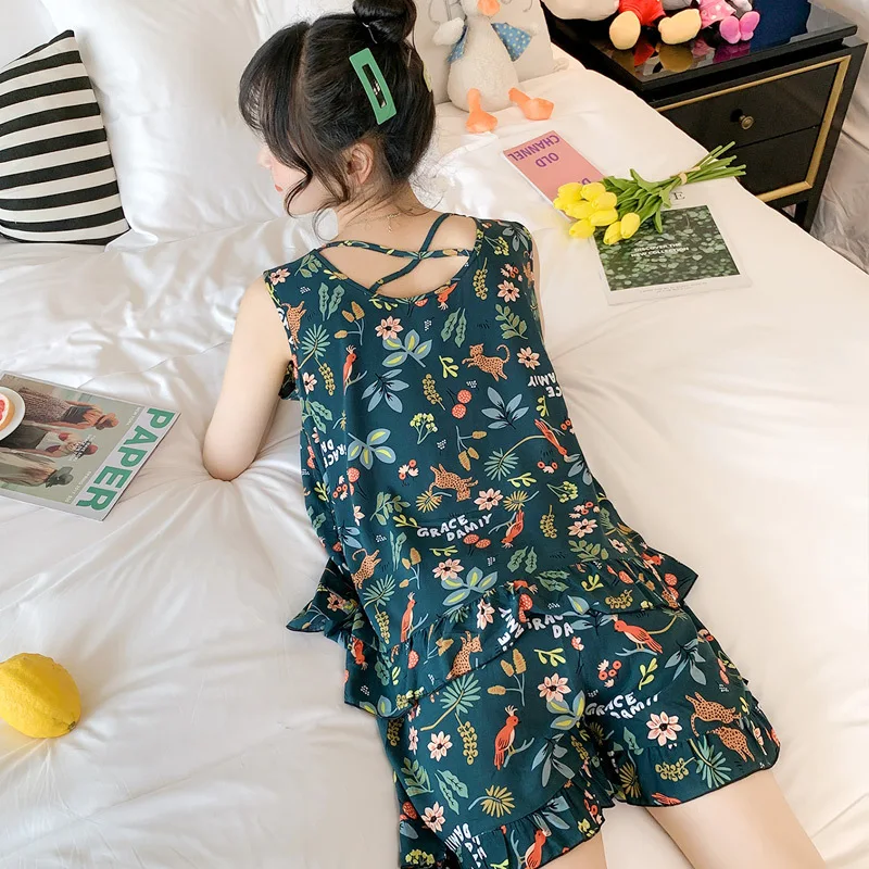 2023 Cheapest Summer New Style Ladies 100% Viscose Pajamas Two-piece Thin Large Size Vest+Shorts Print Home Service Sleepwear