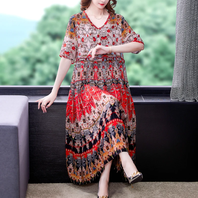 

Casual Loose 5XL Plus Size Beach Midi Dress 2024 Summer Women Print Short Sleeve Vintage Sundress Elegant Bodycon Party Vestidos