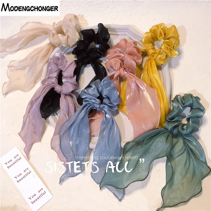 Fashion Tiara Satin Bow Tie Hair Scrunches Hair Bands Ribbon Ponytail Holder Hair Ring For Women Girl Tail Silk Hair Accessories