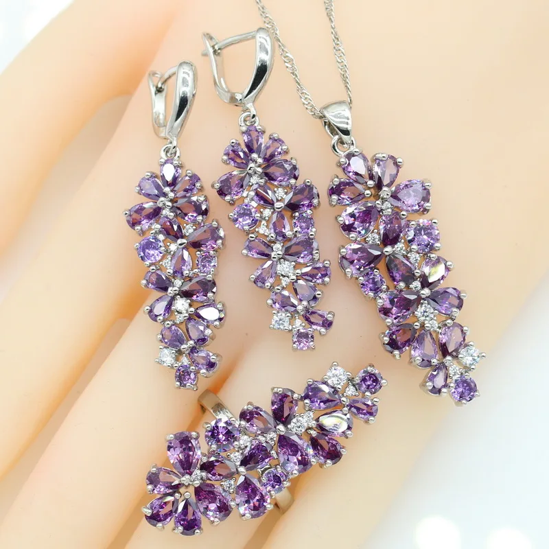 Purple Zirconia Jewelry Sets for Women Bracelet Earrings Necklace Pendant Ring Gift Box