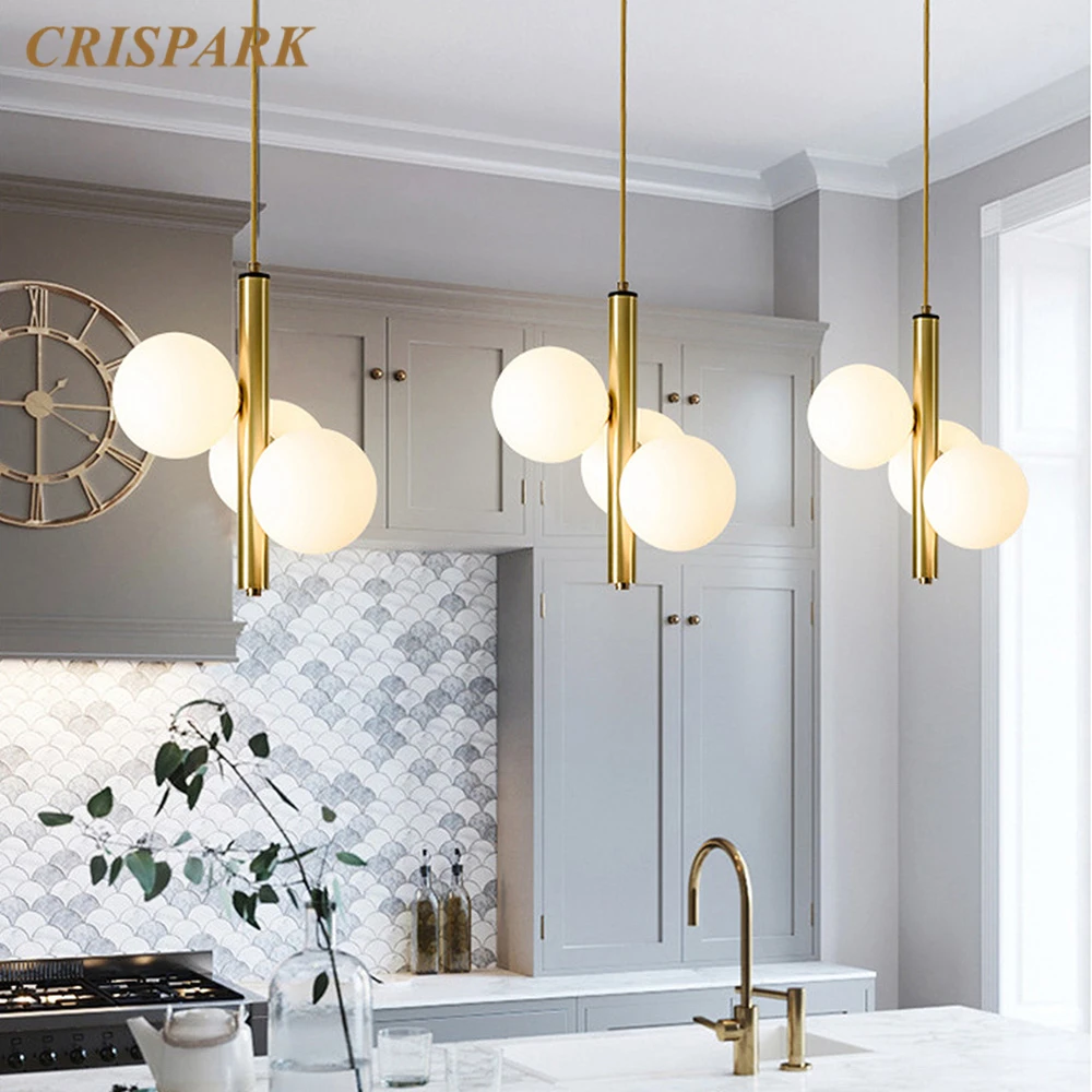 Triple-orb Pendant Lighting LED Nordic White Glass Chandelier Hanging Lamp Gold Indoor Light Fixture for Bedside Kitchen Island