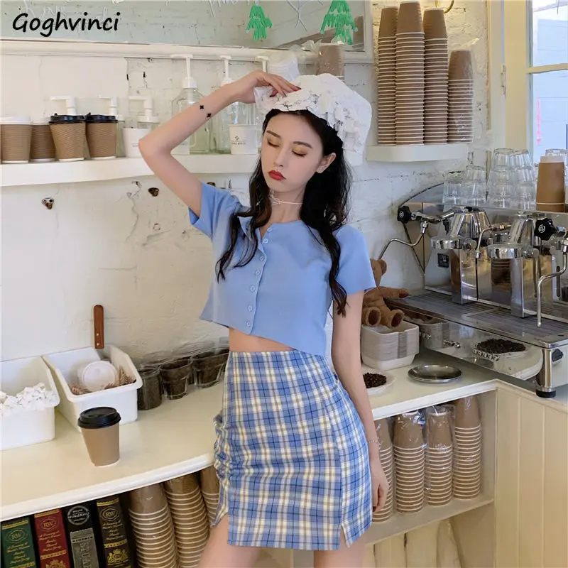 

Women Sets Crop Top Solid Plaid-skirts Side-slit Korean Style Elegant Fashion Ins 2pcs Set Summer High Waist Skirt Ulzzang Chic