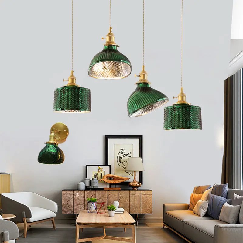 

Copper Glass Suspension Led pendant Lamp for Dining room Foyer Bed side Apartment Nordic Green Pendant Light LED Hanging ZM1014