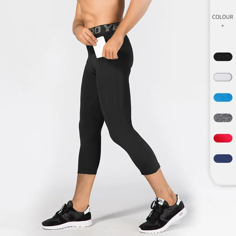 Compression Men Running 3/4 Tights Gym Basketball Pants With Pocket Bodybuilding Trousers Sportswear Jogger Gym Skinny Leggings