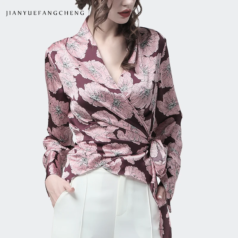 Satin Ladies Blouse Elegant Rich Peony Flowers Printed V-Neck Long Sleeve Top Blouses With Belt Plus Size Autumn Lady Cardigan