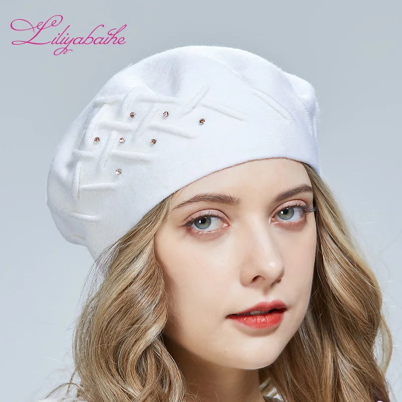 Liliyabaihe women winter hat Wool knit berets High-end diamonds of the same color decoration Popular folds fashion lady hat