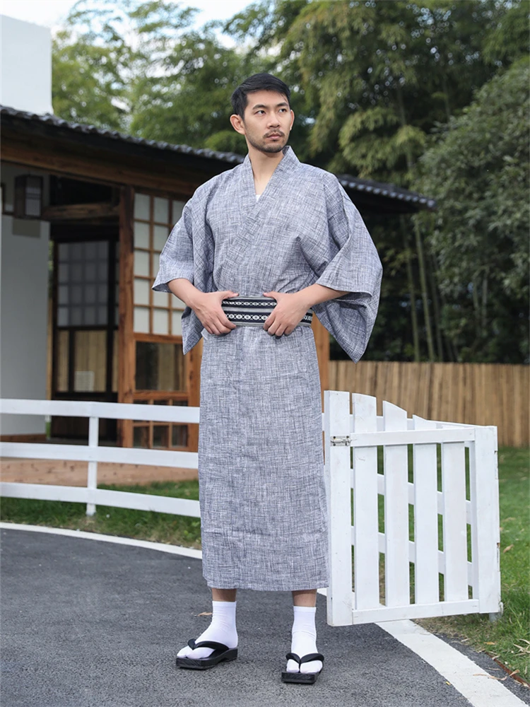 Traditional Japanese KIMONO Fashion YUKATA Summer Men Long Robes With Belt 95% Cotton Pajamas Set Male Sleepwear Bathrobe