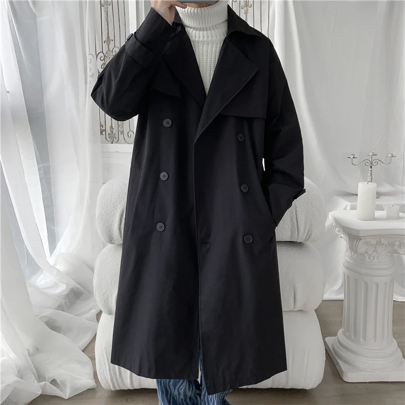 

Long Trench Coat Jacket Men Cotton Autumn Spring Black Hip Hop Japanese Coats Streetwear Men Windbreaker Jacket Casual Outwear