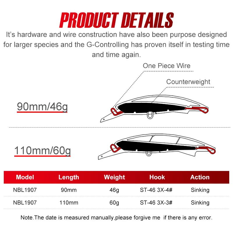 NOEBY Zware Minnow Vissen Lokken 90mm 46g 110mm 60g Sinking G-Control Wobbler Zee Kunstmatige harde Aas Zoutwatervissen Lokt