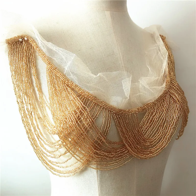 gold  single side Tassels wedding embroidered  collar with beaded tassels  appliques neckline with  fringe