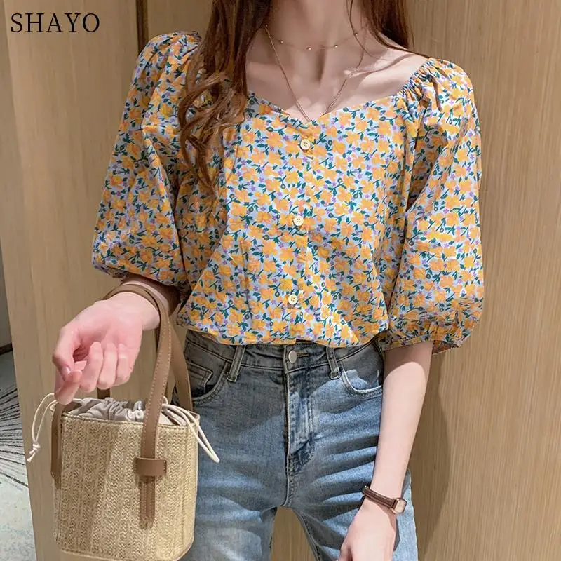 2021 Summer New Korean All-match Lantern Sleeve Print Floral Shirt Women's Short Top Summer Single-Breasted Casual Blouse Girly